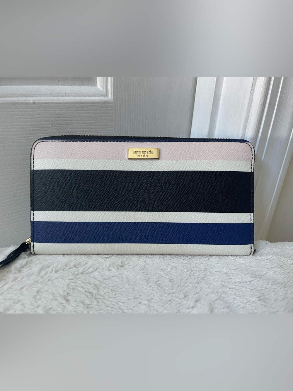 kate spade Striped Zip-Around Wallet - Navy, Black & Cream